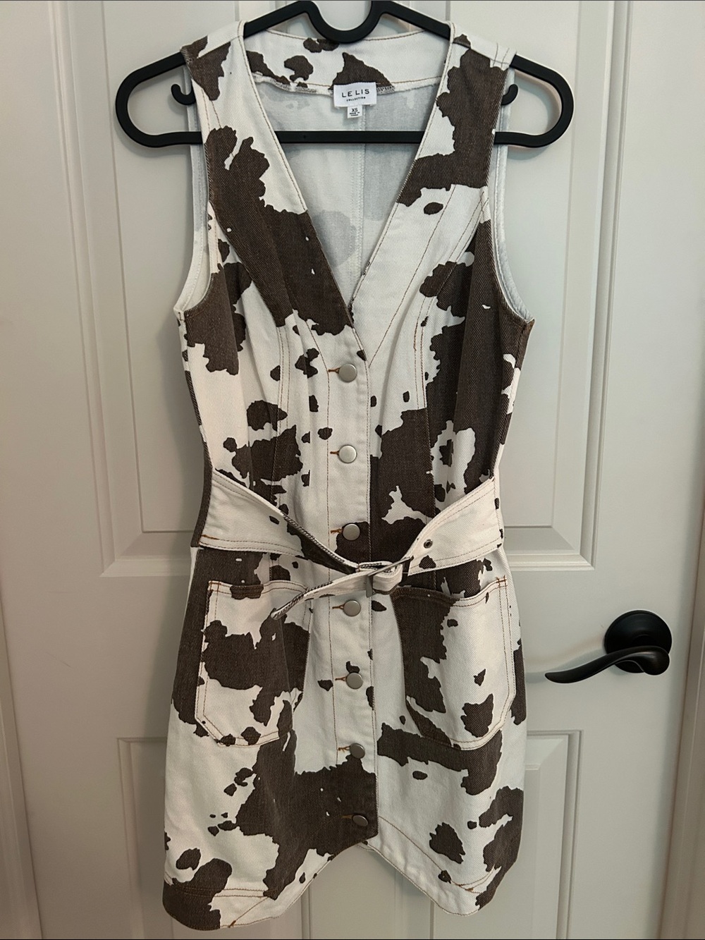 Brown Denim Cow Print Button-Front Mini Dress